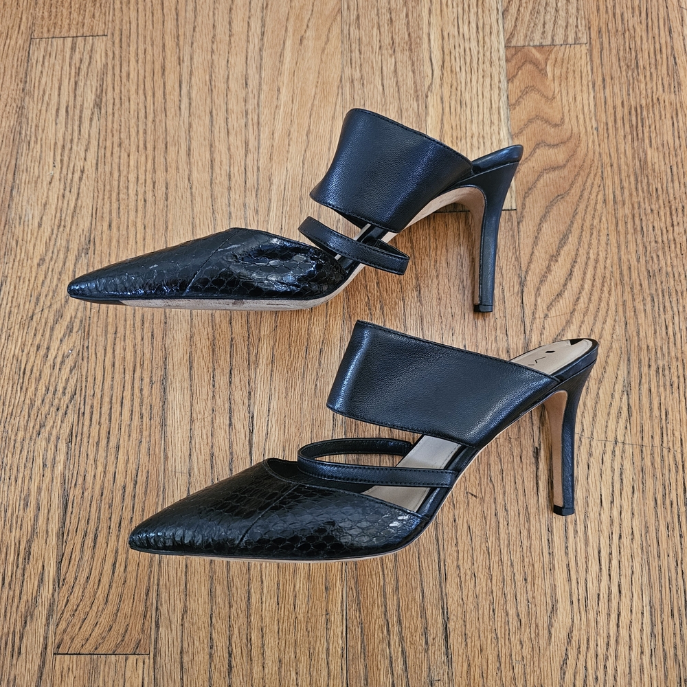 Via Spiga Black Leather Snake Mules Heels Size 10 - Picture 2 of 8